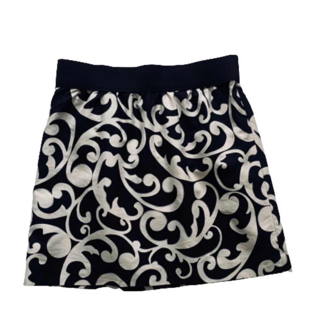 Loft Pencil Skirt Black Tan Scroll Print Elastic Waist Cotton Silk Blend Size 6